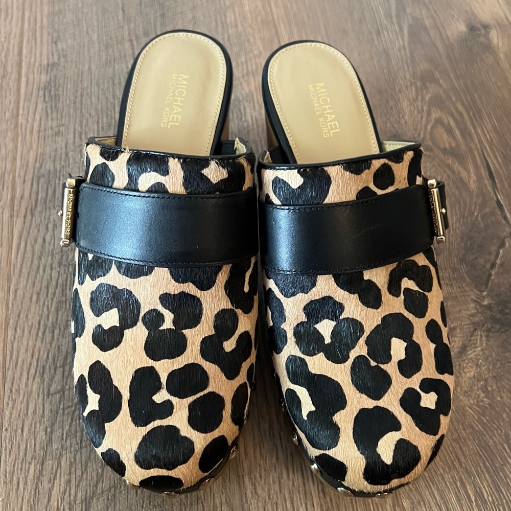 Michael Kors Rye Studded Leopard Print Calf Hair Platform Clog Size 6 New